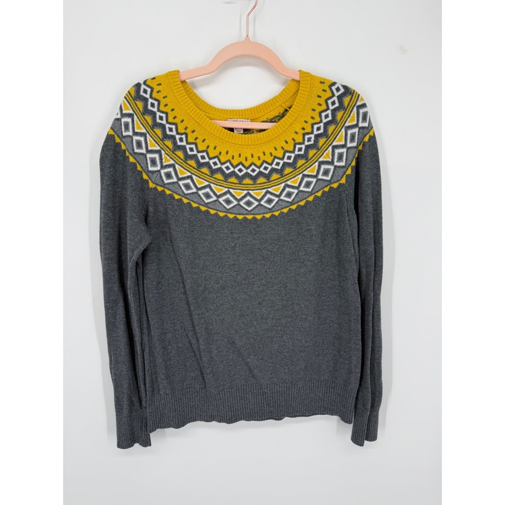 Merona Pullover Sweater Womens XL Grey Yellow Fair Isle Geometric Crew Neck